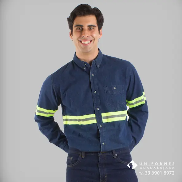 Camisas de mezclilla con cintas reflejantes de alta visibilidad amarillo neón Uniformes Guadalajara