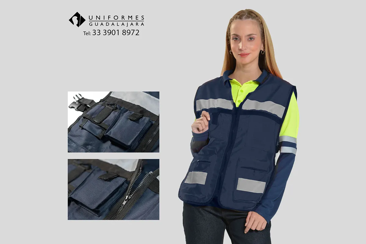 Chaleco brigadista azul marino con múltiples bolsas y reflejantes usado para funciones operativas en empresas